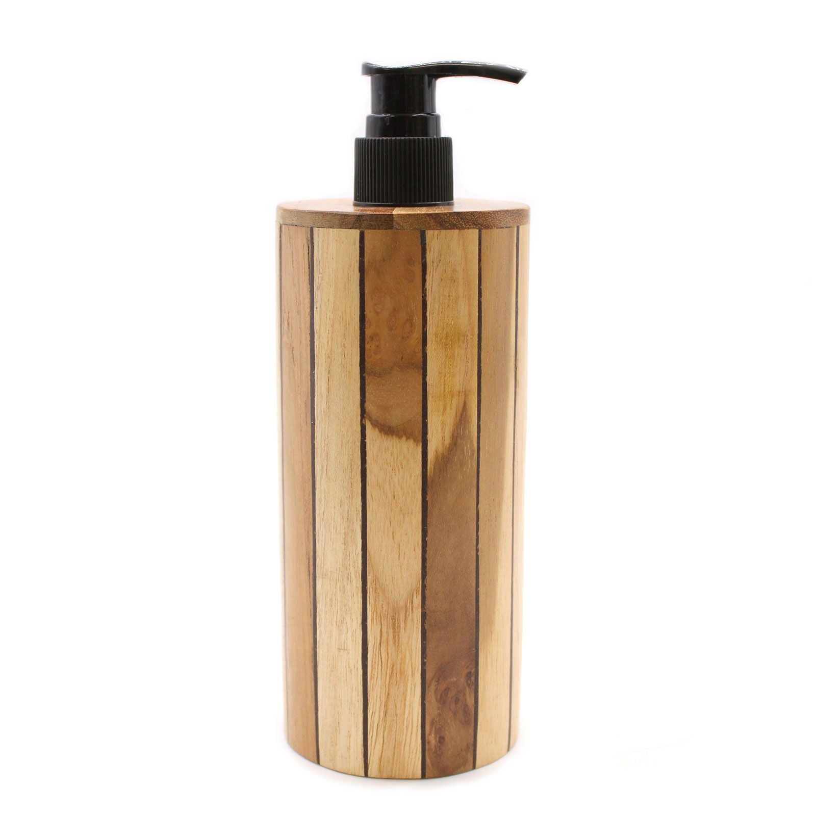 Alt Tag: Natural Teakwood Soap Dispenser – Round 20x8x9 CM, wooden soap pump dispenser with black pump for kitchen or bathroom sink