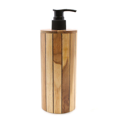 Alt Tag: Natural Teakwood Soap Dispenser – Round 20x8x9 CM, wooden soap pump dispenser with black pump for kitchen or bathroom sink