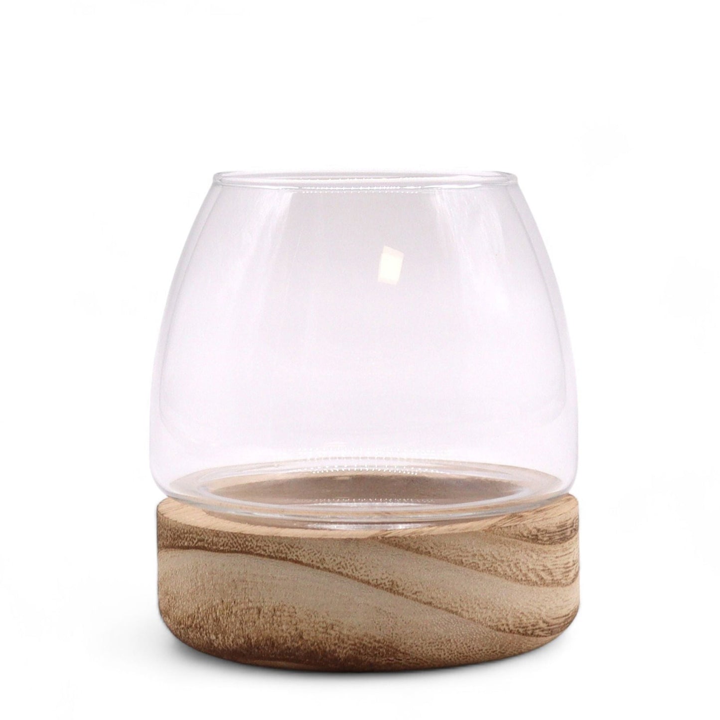 Alt Tag: Natural Tung Wood Glass Terrarium – 10x10 CM, clear glass terrarium bowl with natural tung wood base