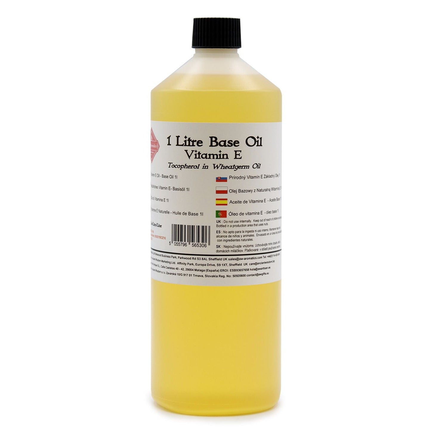 Alt Tag: Natural Vitamin E Base Oil – 1 Litre bottle, 1 litre base oil for diluting essential oils, yellow liquid with label