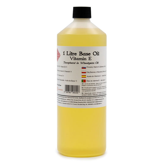 Alt Tag: Natural Vitamin E Base Oil – 1 Litre bottle, 1 litre base oil for diluting essential oils, yellow liquid with label