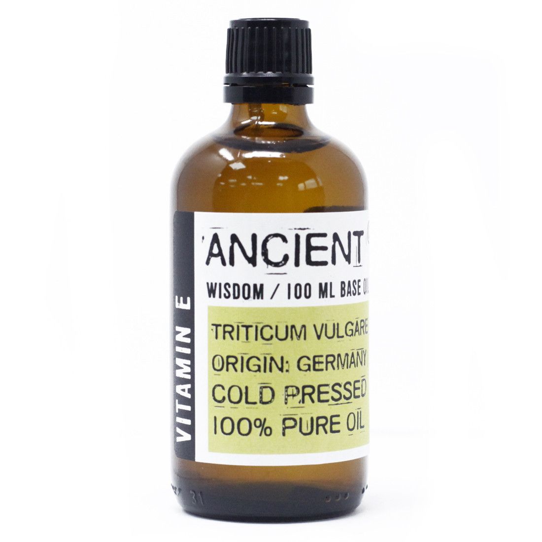 Alt Tag: Natural Vitamin E Oil – 100ML amber glass bottle with black cap, Ancient Wisdom label, cold pressed wheat germ oil 100ml