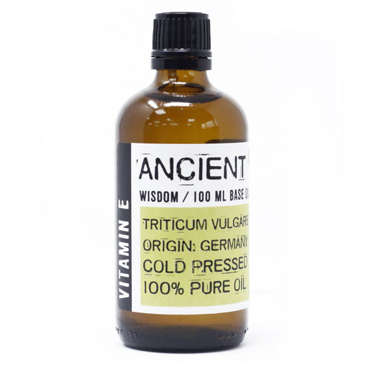 Alt Tag: Naturlig E-vitaminolja – 100 ML bärnstensfärgad glasflaska med svart lock, Ancient Wisdom-etikett, kallpressad vetegroddsolja 100 ml