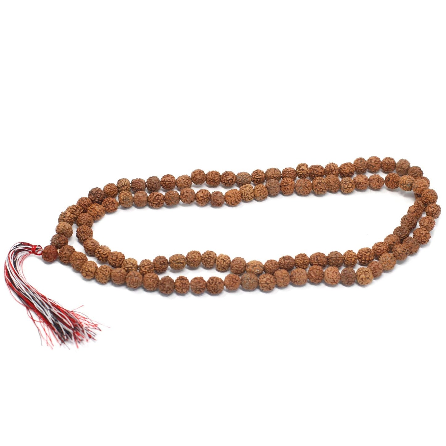 Alt Tag: Natural Wood Beads Rudraksha Mala – 7x2 CM, collar de cuentas de madera natural con borla roja y blanca, vista de producto