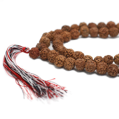 Natural Wood Beads Rudraksha Mala – 7x2 CM con cuentas marrones y borla roja, blanca y negra, collar de meditación