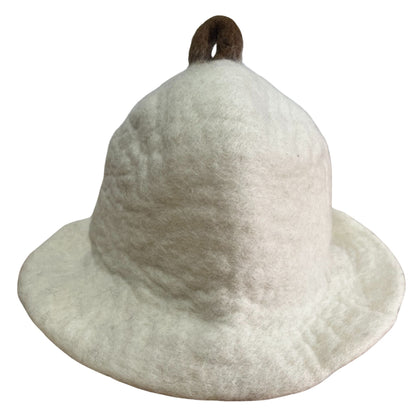 Alt Tag: Natural Wool Felt Sauna Hat – 27x34 CM white wool felt sauna hat with wide brim and hanging loop, handcrafted in Nepal