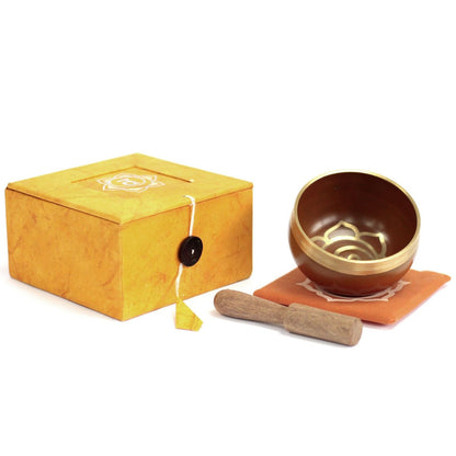 Alt Tag: Navel (Sacral) Chakra Singing Bowl – Approx. Frequency 823 Hz set with mallet, cushion and storage box
