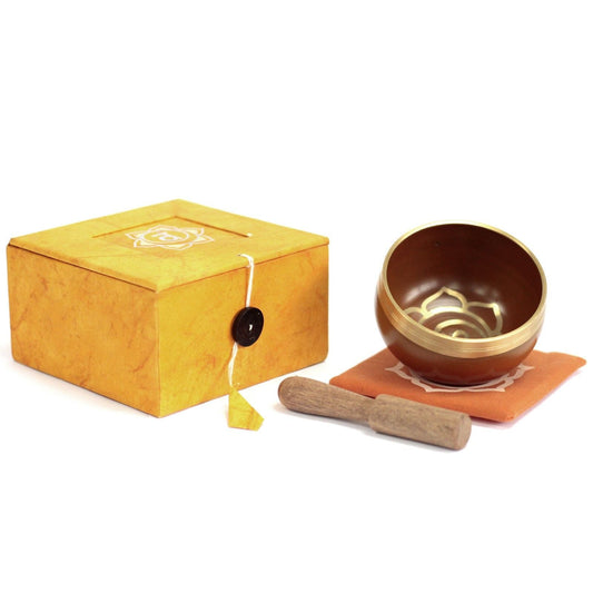Alt Tag: Navel (Sacral) Chakra Singing Bowl – Approx. Frequency 823 Hz set with mallet, cushion and storage box