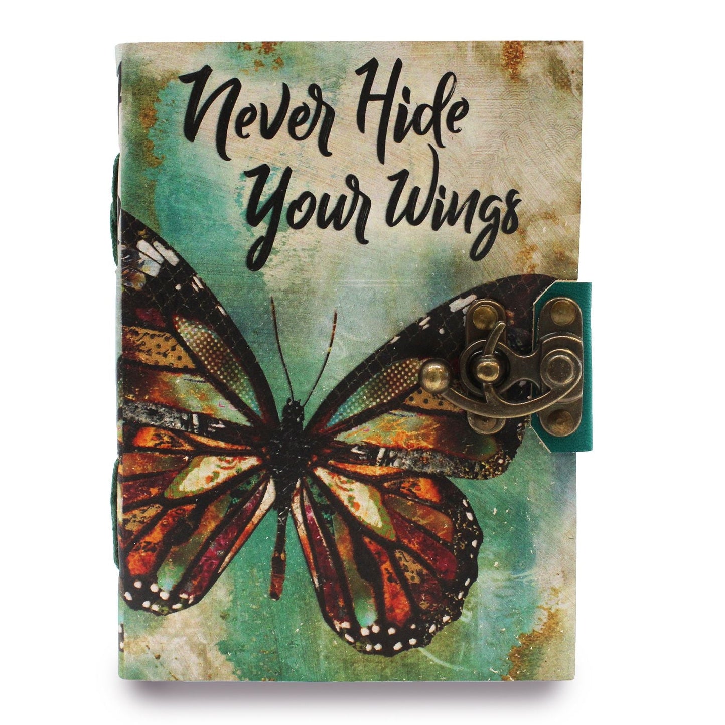 Alt Tag: Leather Deckle-edge Notebook – 18x13 CM con portada artística de mariposa y cierre metálico, diseño “Never Hide Your Wings”