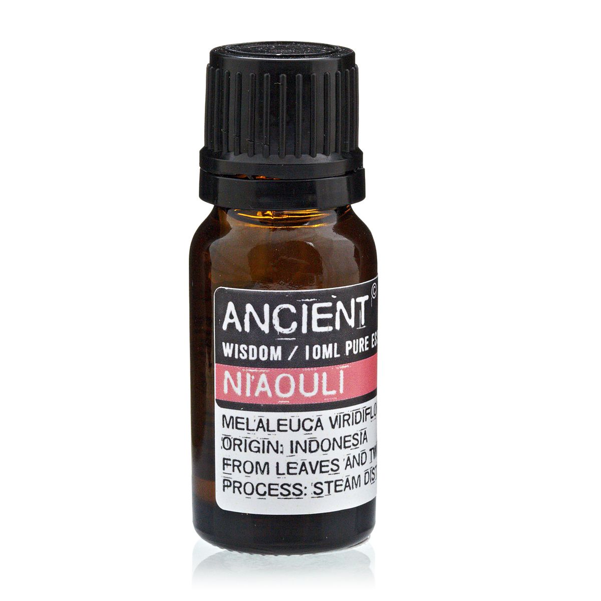 Alt Tag: Niaouli Essential Oil – 10ML frasco de aceite esencial Niaouli en botella ámbar con tapa negra, destilado al vapor en Indonesia