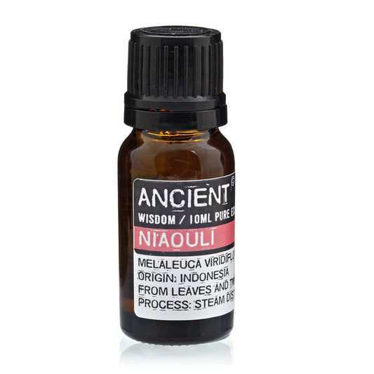 Alt Tag: Niaouli Essential Oil – 10ML frasco de aceite esencial Niaouli en botella ámbar con tapa negra, destilado al vapor en Indonesia