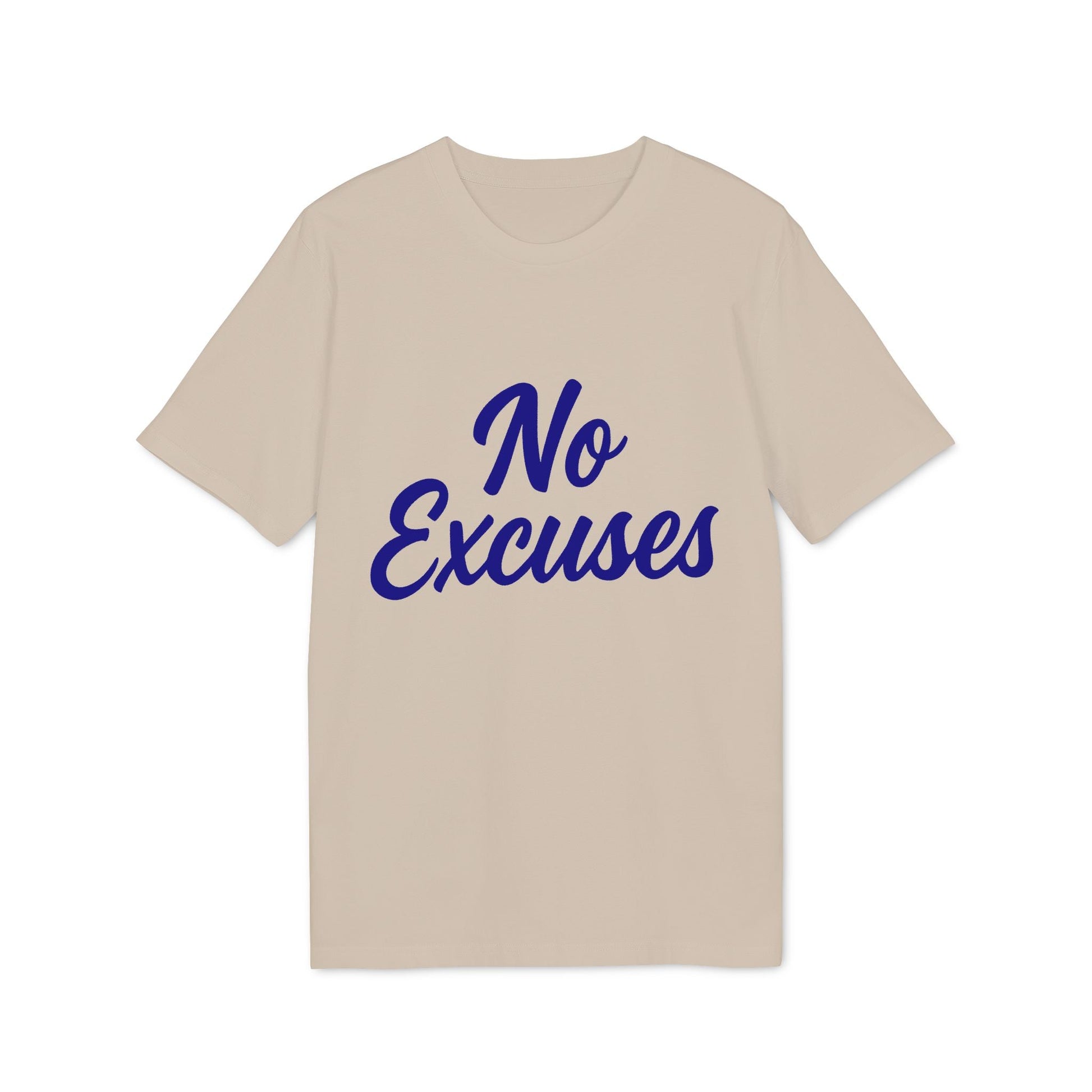 Alt Tag: No Excuses Athletes 100% Organic Cotton T-Shirt beige crewneck with blue “No Excuses” script graphic, front view