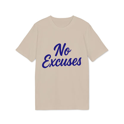 Alt Tag: No Excuses Athletes 100% Organic Cotton T-Shirt beige crewneck with blue “No Excuses” script graphic, front view