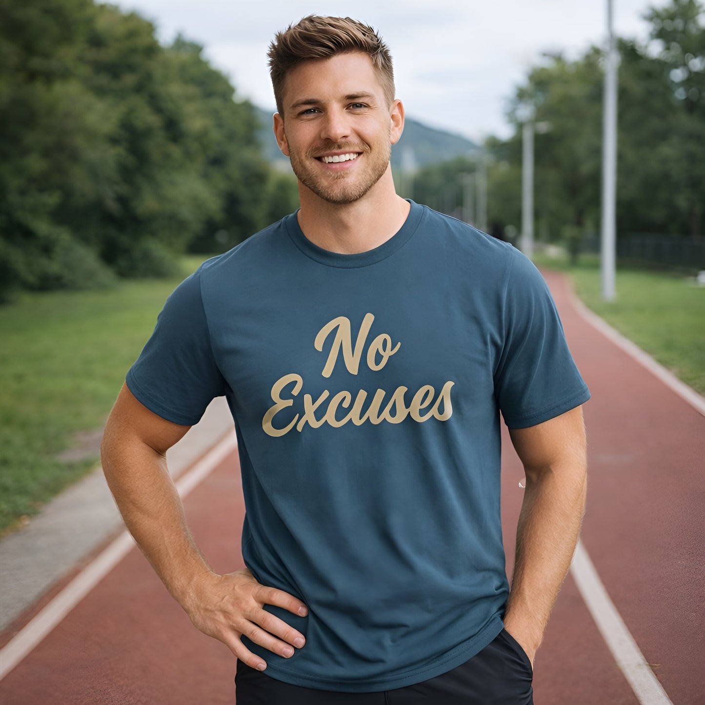 No Excuses Athletes 100% Organic Cotton T-Shirt worn by man on outdoor running track, blue tee with “No Excuses” print