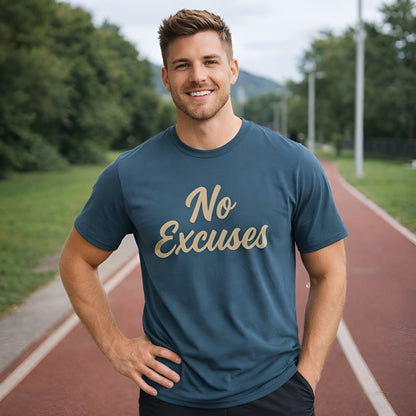 No Excuses Athletes 100% Organic Cotton T-Shirt worn by man on outdoor running track, blue tee with “No Excuses” print