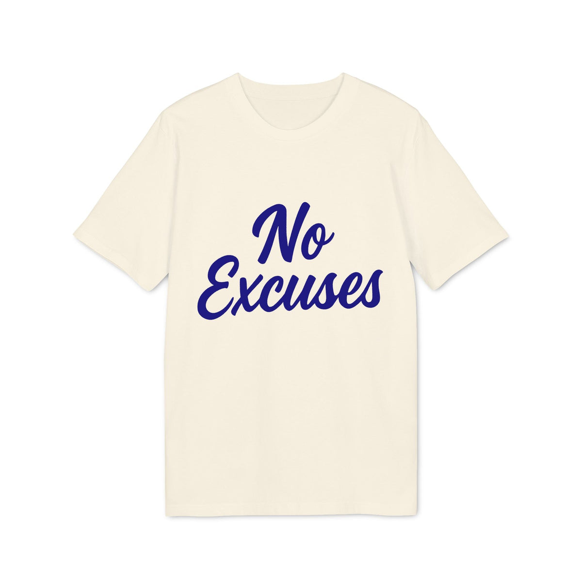 Alt Tag: No Excuses Athletes 100% Organic Cotton T-Shirt cream tee with blue 