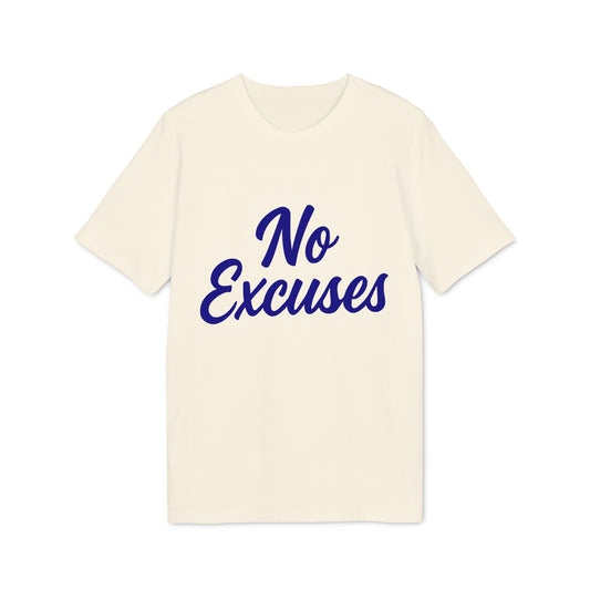Alt Tag: No Excuses Athletes 100% Organic Cotton T-Shirt cream tee with blue "No Excuses" front graphic