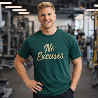 Alt Tag: No Excuses Athletes 100% Organic Cotton T-Shirt green "No Excuses" graphic tee worn by athlete in gym