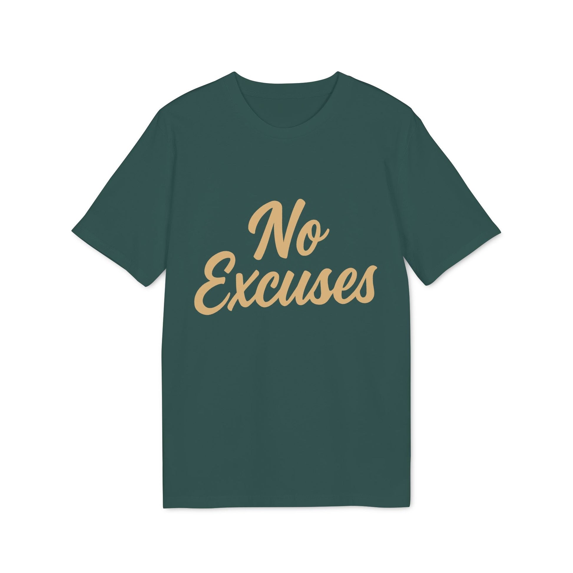 Alt Tag: No Excuses Athletes 100% Organic Cotton T-Shirt green crewneck tee with “No Excuses” script graphic on front