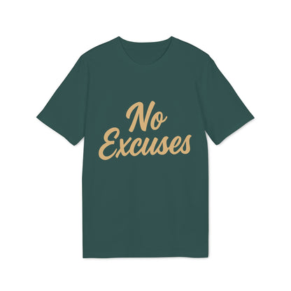 Alt Tag: No Excuses Athletes 100% Organic Cotton T-Shirt green crewneck tee with “No Excuses” script graphic on front