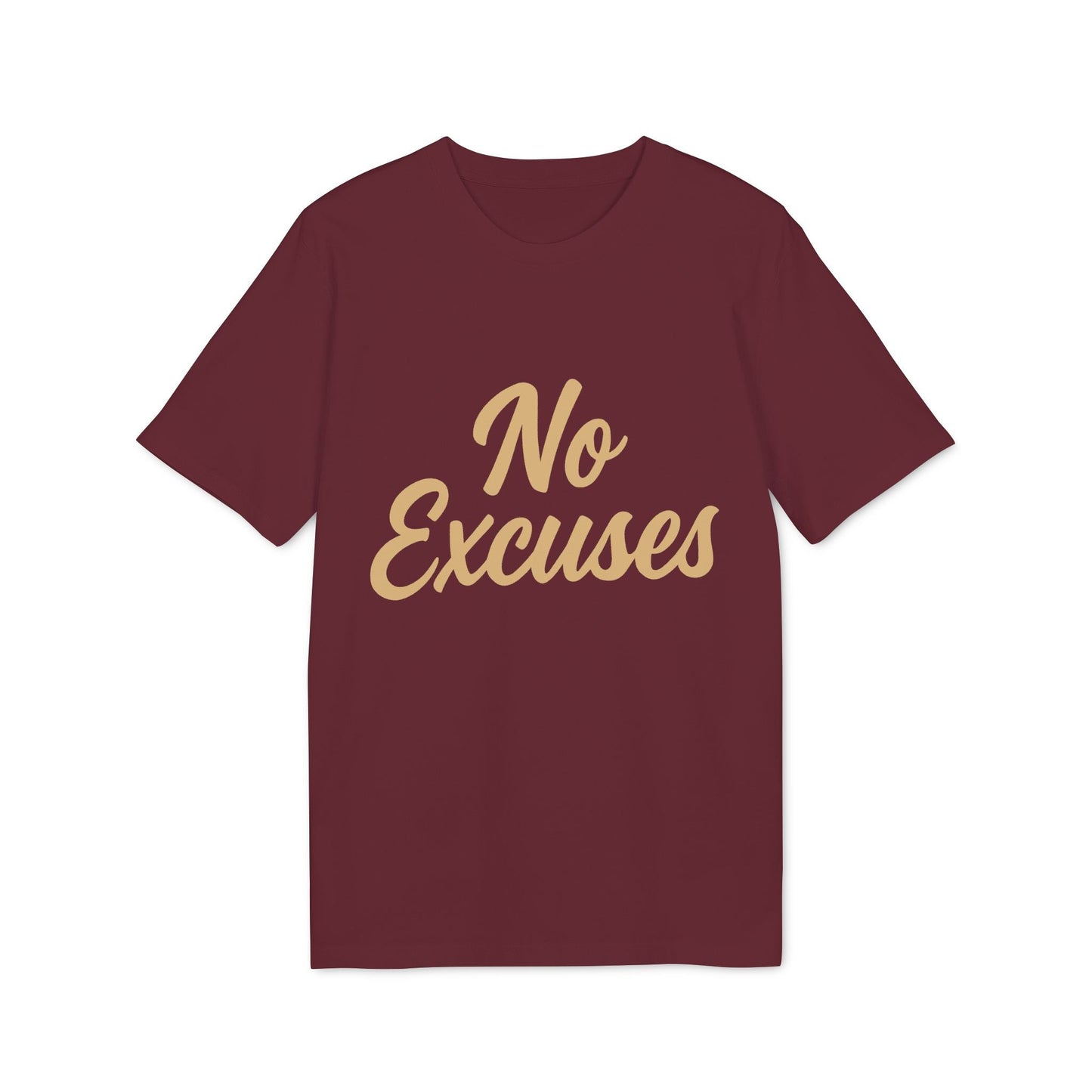 Alt Tag: No Excuses Athletes 100% Organic Cotton T-Shirt burgundy crewneck tee with gold “No Excuses” script front print