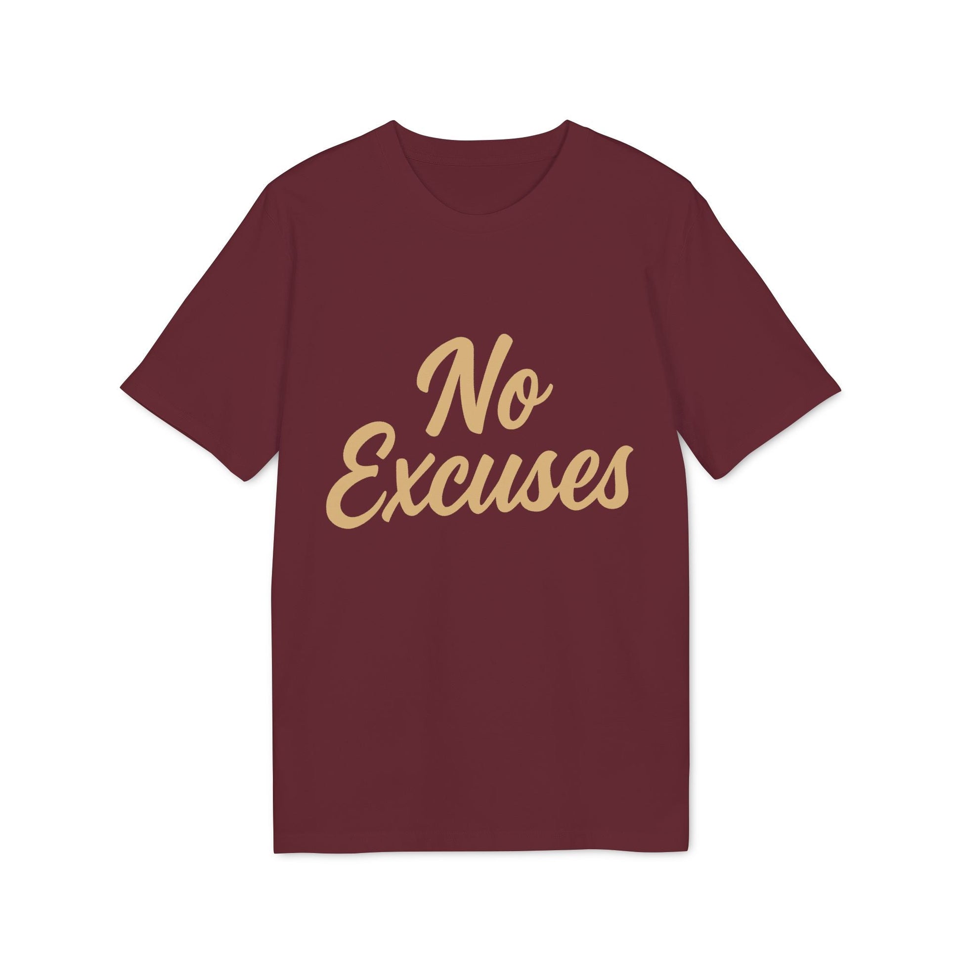 Alt Tag: No Excuses Athletes 100% Organic Cotton T-Shirt burgundy crewneck tee with gold “No Excuses” script front print