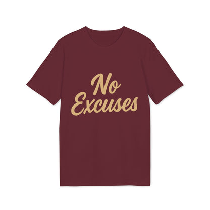 Alt Tag: No Excuses Athletes 100% Organic Cotton T-Shirt burgundy crewneck tee with gold “No Excuses” script front print