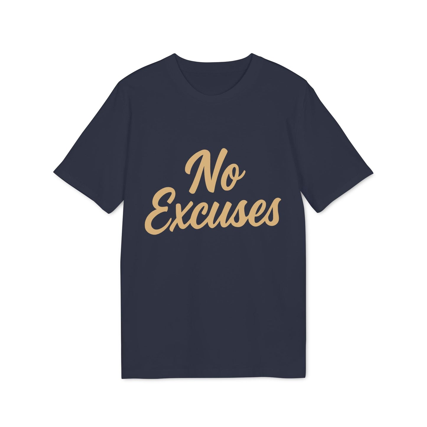 Alt Tag: No Excuses Athletes 100% Organic Cotton T-Shirt navy tee with gold “No Excuses” script front print