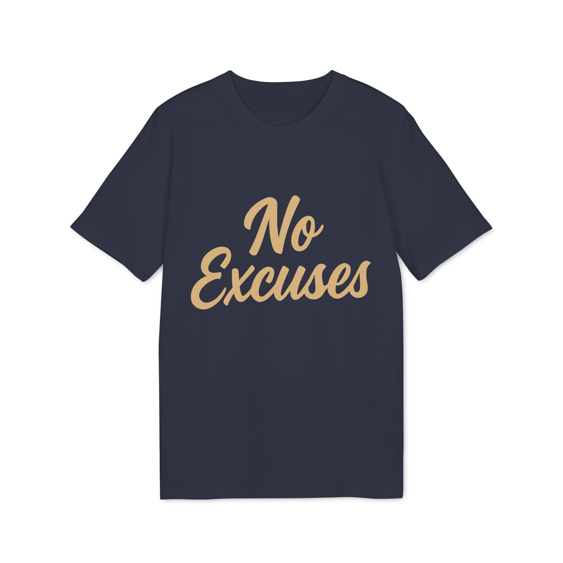 Alt Tag: No Excuses Athletes 100% Organic Cotton T-Shirt navy tee with gold “No Excuses” script front print