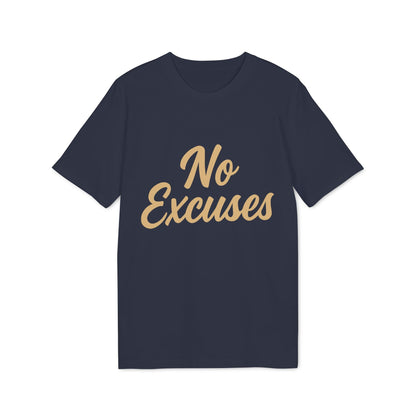 Alt Tag: No Excuses Athletes 100% Organic Cotton T-Shirt navy tee with gold “No Excuses” script front print