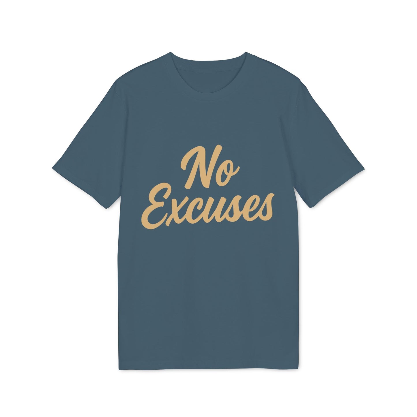 No Excuses Athletes 100% Organic Cotton T-Shirt blue crew neck with “No Excuses” script graphic on front