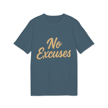 No Excuses Athletes 100% Organic Cotton T-Shirt blue crew neck with “No Excuses” script graphic on front