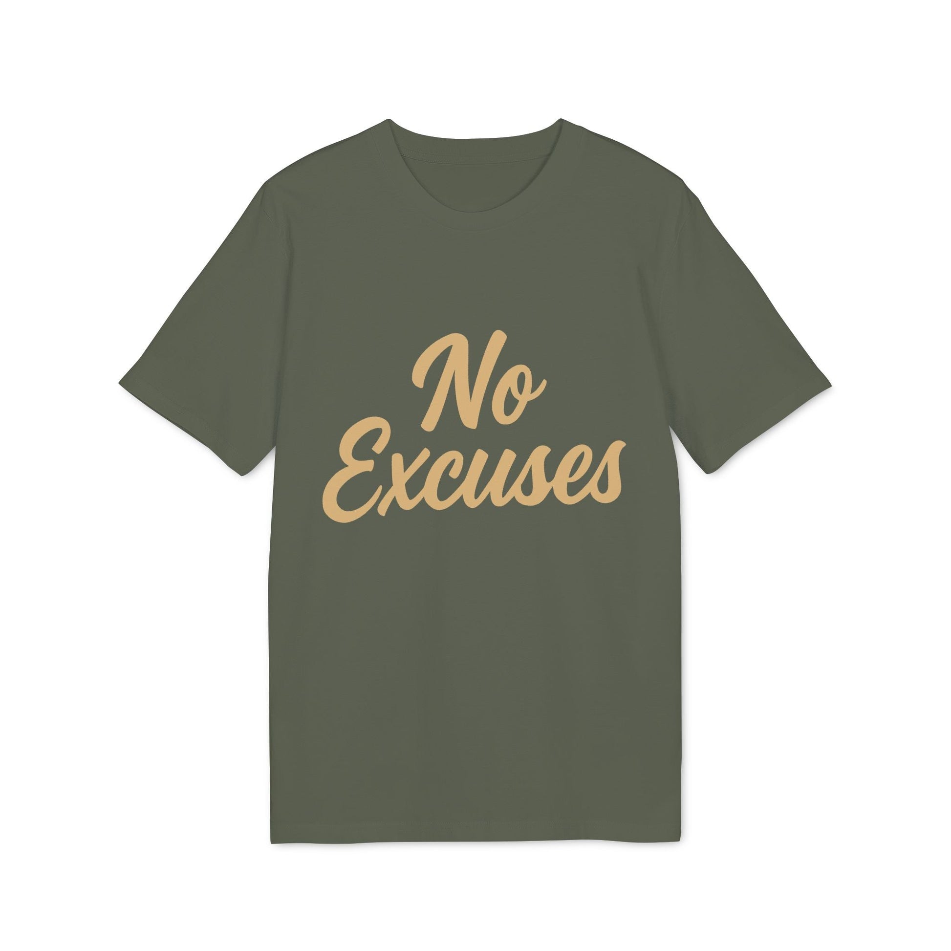 Alt Tag: No Excuses Athletes 100% Organic Cotton T-Shirt in olive green with “No Excuses” script print, front view