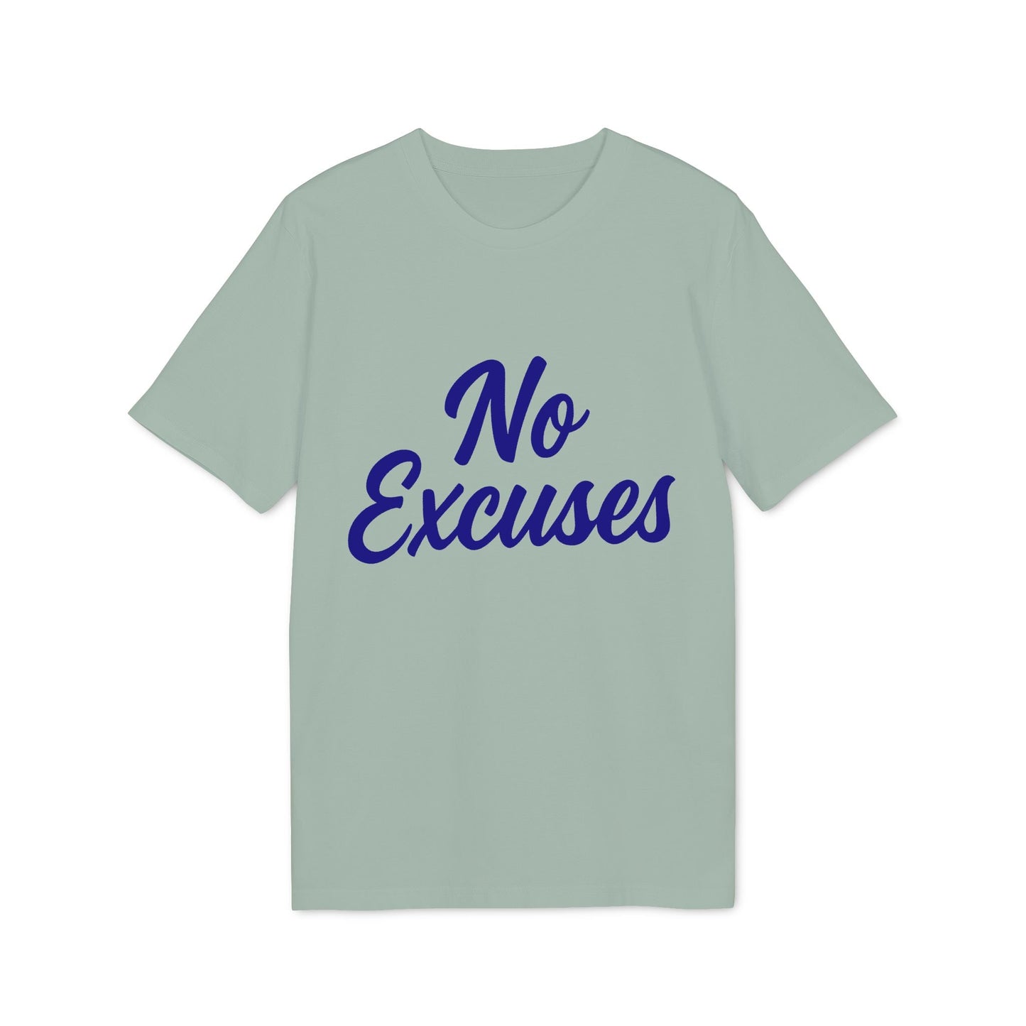 Alt Tag: No Excuses Athletes 100% Organic Cotton T-Shirt mint green crewneck with blue "No Excuses" text front
