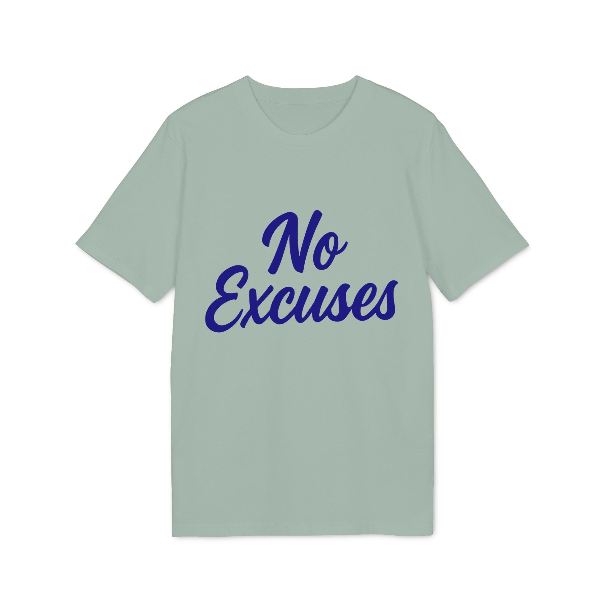 Alt Tag: No Excuses Athletes 100% Organic Cotton T-Shirt mint green crewneck with blue "No Excuses" text front