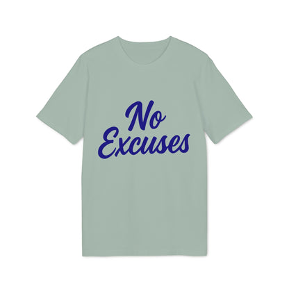 Alt Tag: No Excuses Athletes 100% Organic Cotton T-Shirt mint green crewneck with blue "No Excuses" text front