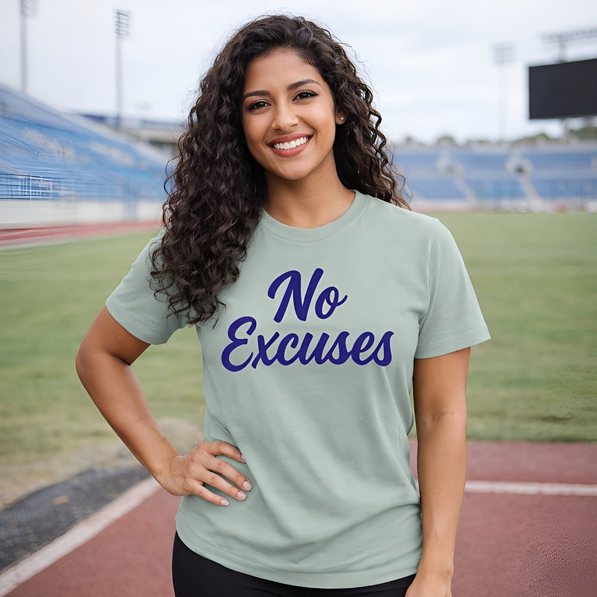 No Excuses Athletes 100% Organic Cotton T-Shirt worn by woman on track field, sage green tee with “No Excuses” script