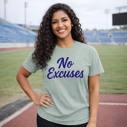 No Excuses Athletes 100% Organic Cotton T-Shirt worn by woman on track field, sage green tee with “No Excuses” script