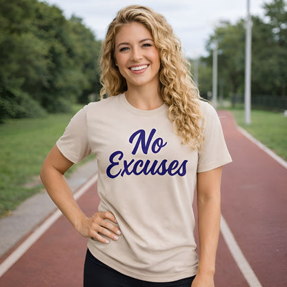 Alt Tag: Woman wearing No Excuses Athletes 100% Organic Cotton T-Shirt with “No Excuses” graphic on outdoor track