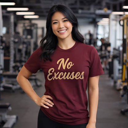 Alt Tag: No Excuses Athletes 100% Organic Cotton T-Shirt burgundy "No Excuses" graphic tee worn in gym