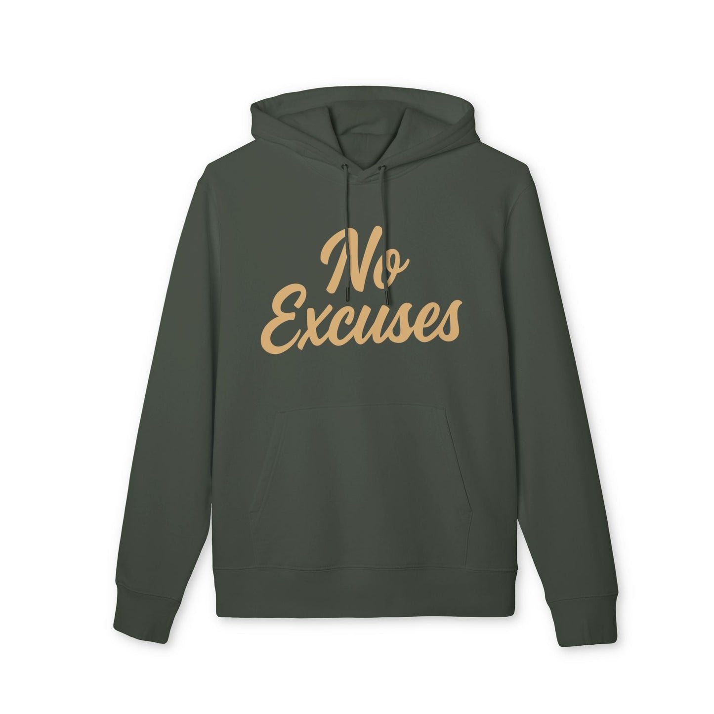 Alt Tag: No Excuses For Athletes Sustainable Unisex Hoodie in dark green organic cotton with “No Excuses” script, front view