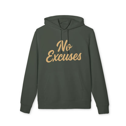 Alt Tag: No Excuses For Athletes Sustainable Unisex Hoodie in dark green organic cotton with “No Excuses” script, front view