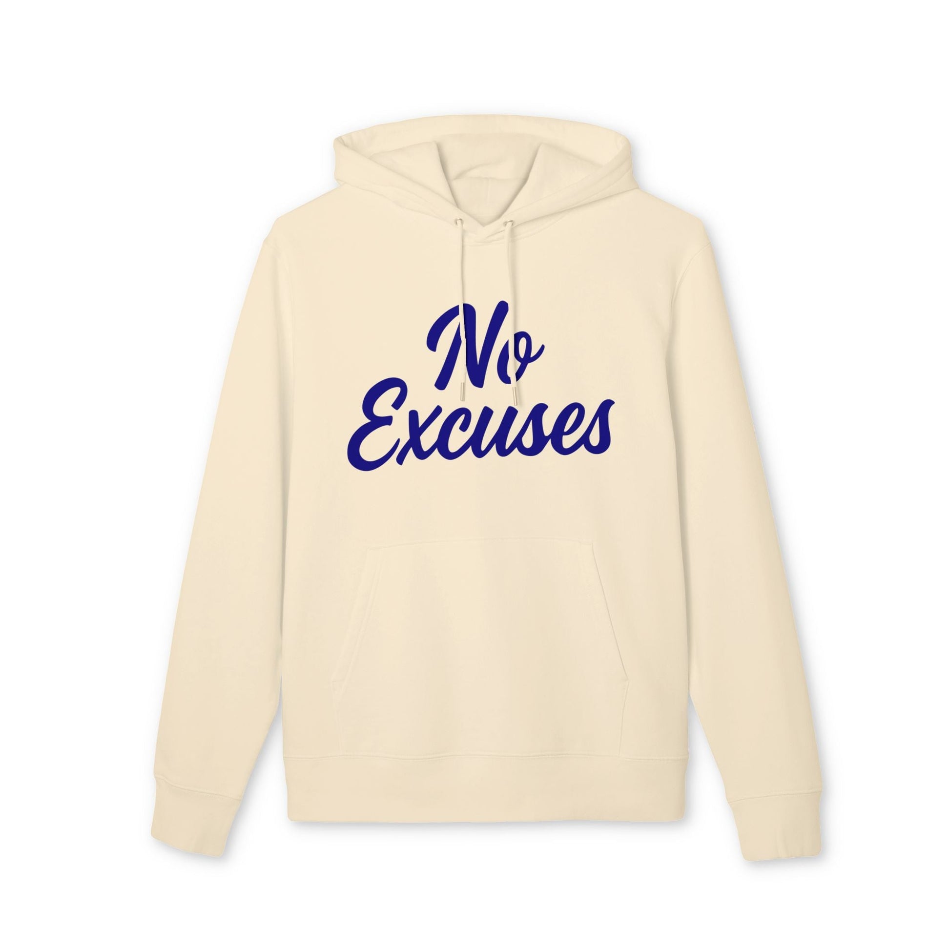 Alt Tag: No Excuses For Athletes Sustainable Unisex Hoodie, organic cotton cream pullover with blue "No Excuses" front print