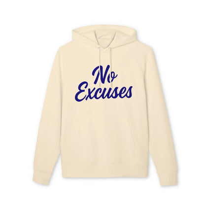 Alt Tag: No Excuses For Athletes Sustainable Unisex Hoodie, organic cotton cream pullover with blue "No Excuses" front print