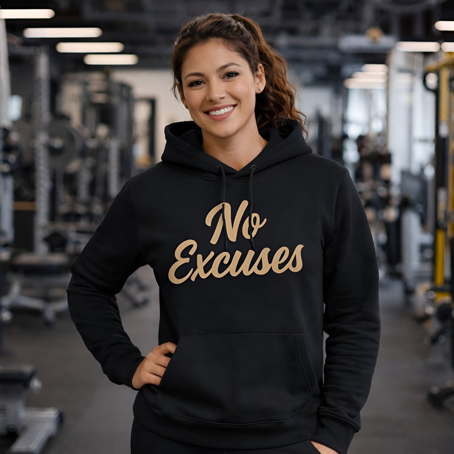 Alt Tag: No Excuses For Athletes Sustainable Unisex Hoodie negra de algodón orgánico con texto “No Excuses”, usada en gimnasio