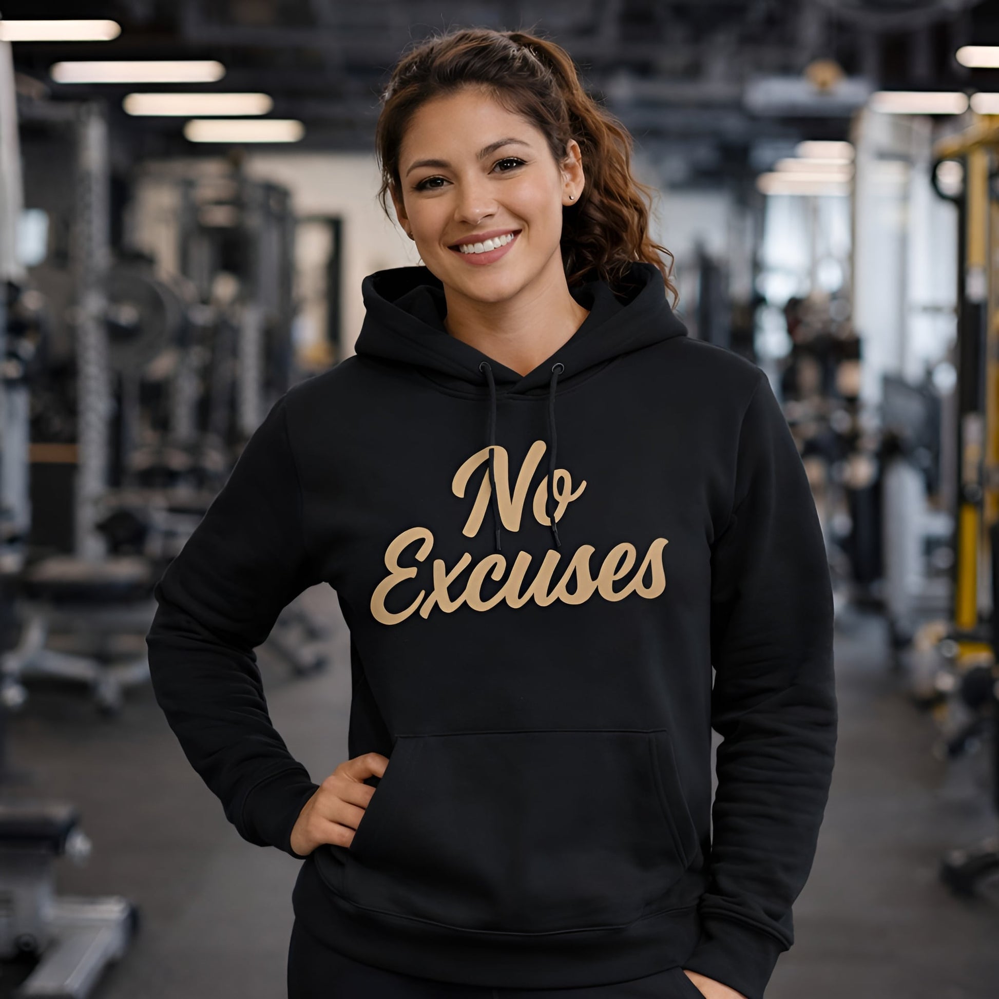 Alt Tag: No Excuses For Athletes Sustainable Unisex Hoodie negra de algodón orgánico con texto “No Excuses”, usada en gimnasio