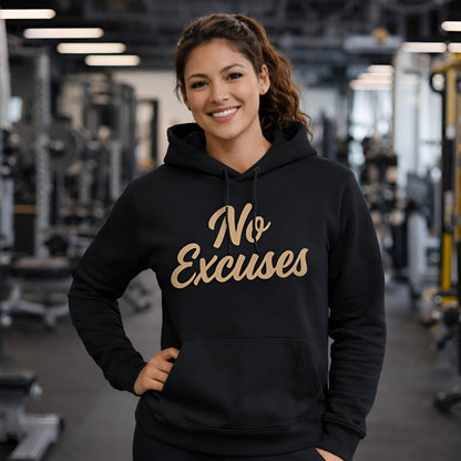 Alt Tag: No Excuses For Athletes Sustainable Unisex Hoodie negra de algodón orgánico con texto “No Excuses”, usada en gimnasio