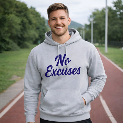 Alt Tag: No Excuses For Athletes Sustainable Unisex Hoodie gris con estampado “No Excuses”, modelo sonriendo en pista al aire libre