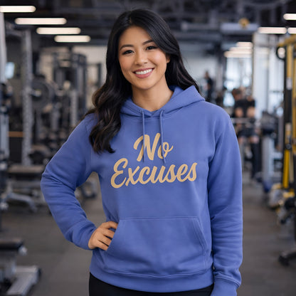 Alt Tag: No Excuses For Athletes Sustainable Unisex Hoodie azul de algodón orgánico con frase "No Excuses", modelo en gimnasio
