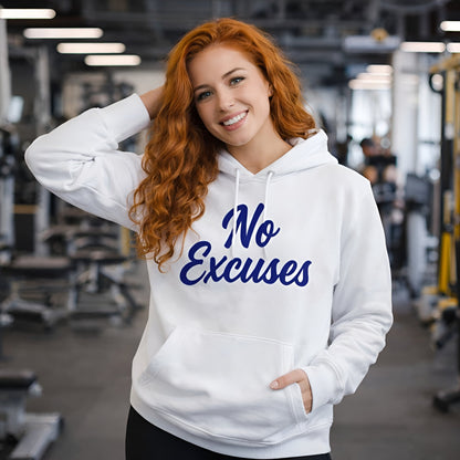 Alt Tag: No Excuses For Athletes Sustainable Unisex Hoodie blanca de algodón orgánico con texto “No Excuses”, usada en gimnasio